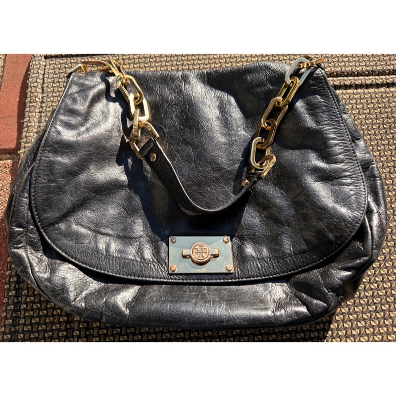 Tory Burch Gold Black Leather & Canvas Chain Linked Over-The-Shoulder Hobo Bag